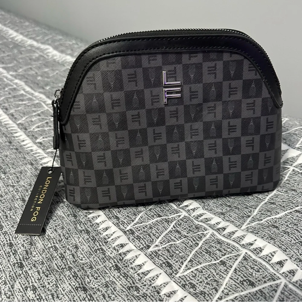 London Fog Ellie Monogram Cosmetic Clutch Brown Quiet Luxury Chic NWT